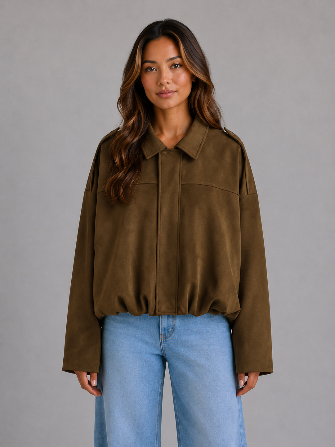 Women's Oversized Suede Look Collared Bomber Jacket