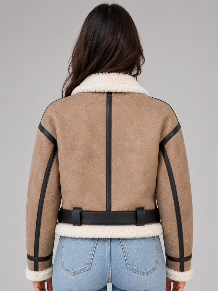Women's Stylish Suede Look Cropped Aviator Jacket with Teddy Lining