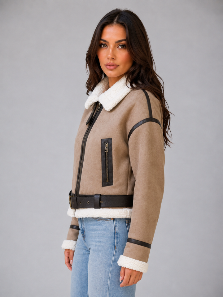 Women's Stylish Suede Look Cropped Aviator Jacket with Teddy Lining