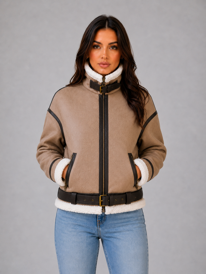 Women's Stylish Suede Look Cropped Aviator Jacket with Teddy Lining