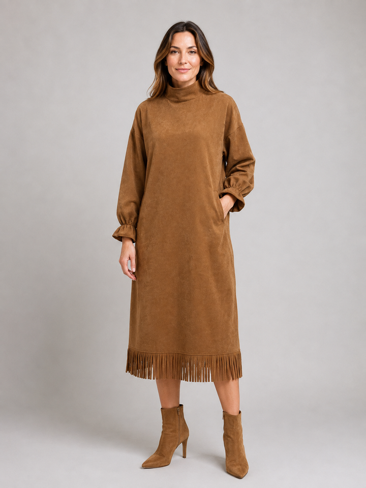 Women's Chic Suede Look High Neck Midi Dress with Fringe Hem