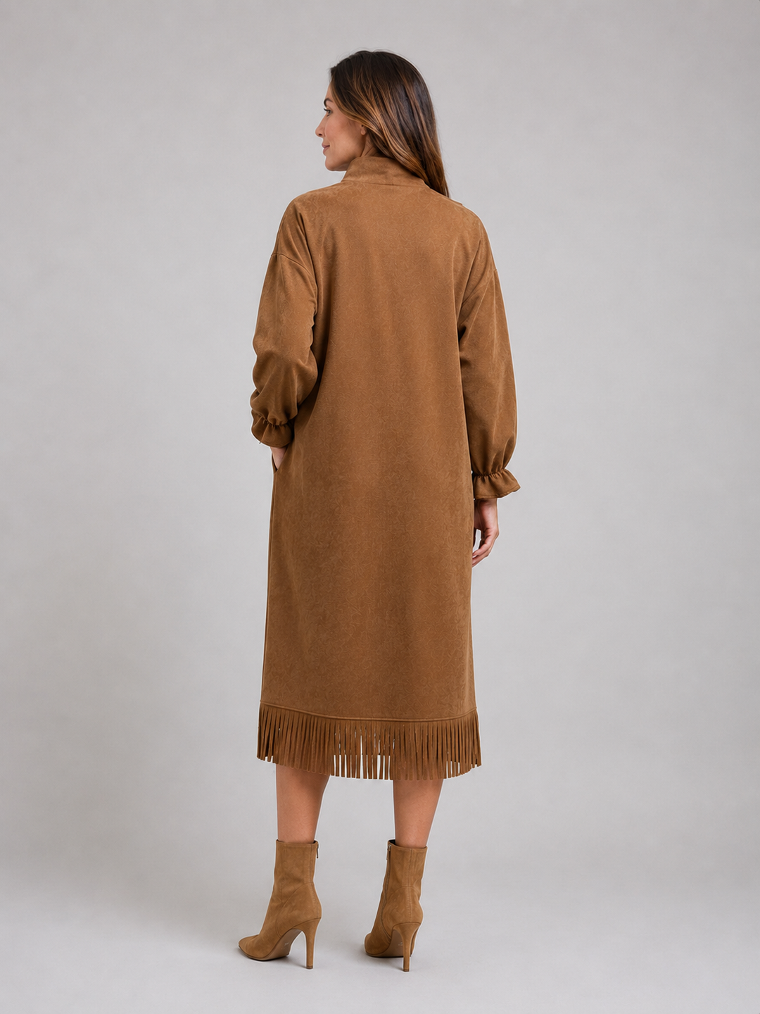 Women's Chic Suede Look High Neck Midi Dress with Fringe Hem