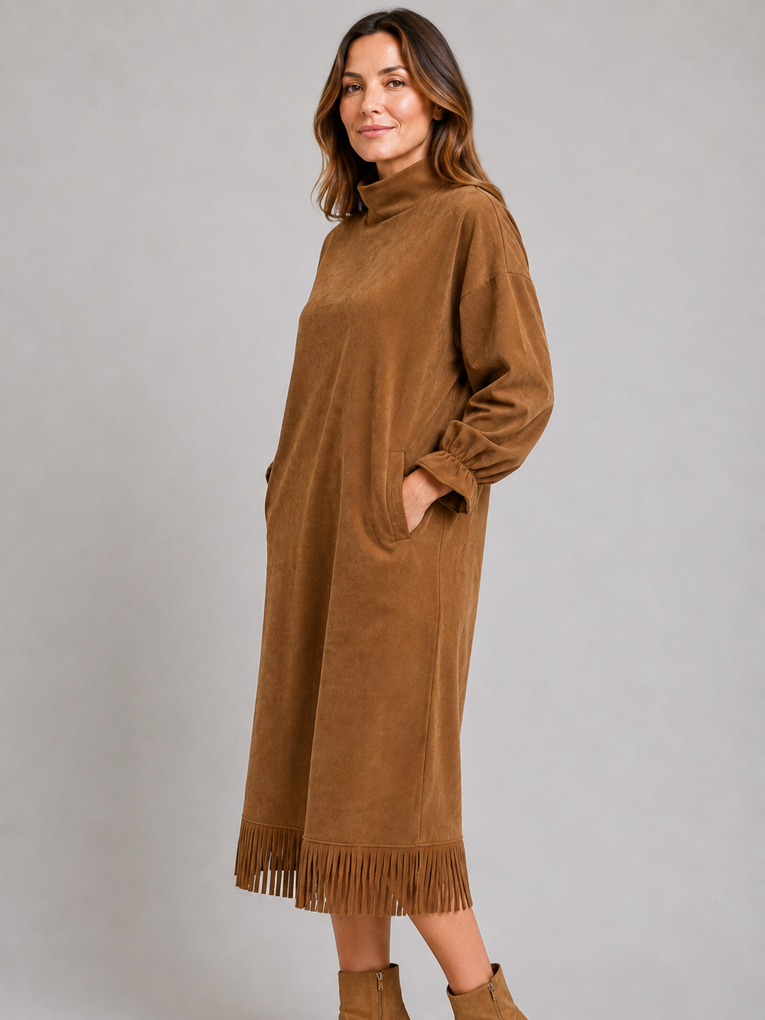 Women's Chic Suede Look High Neck Midi Dress with Fringe Hem