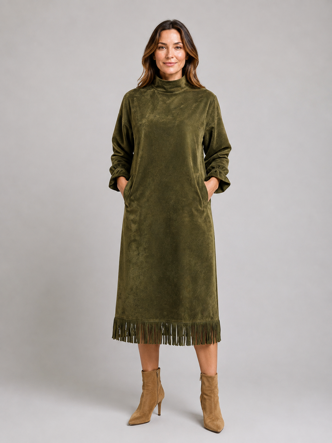Women's Chic Suede Look High Neck Midi Dress with Fringe Hem