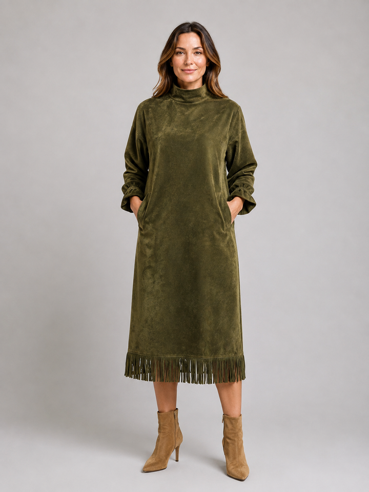Women's Chic Suede Look High Neck Midi Dress with Fringe Hem