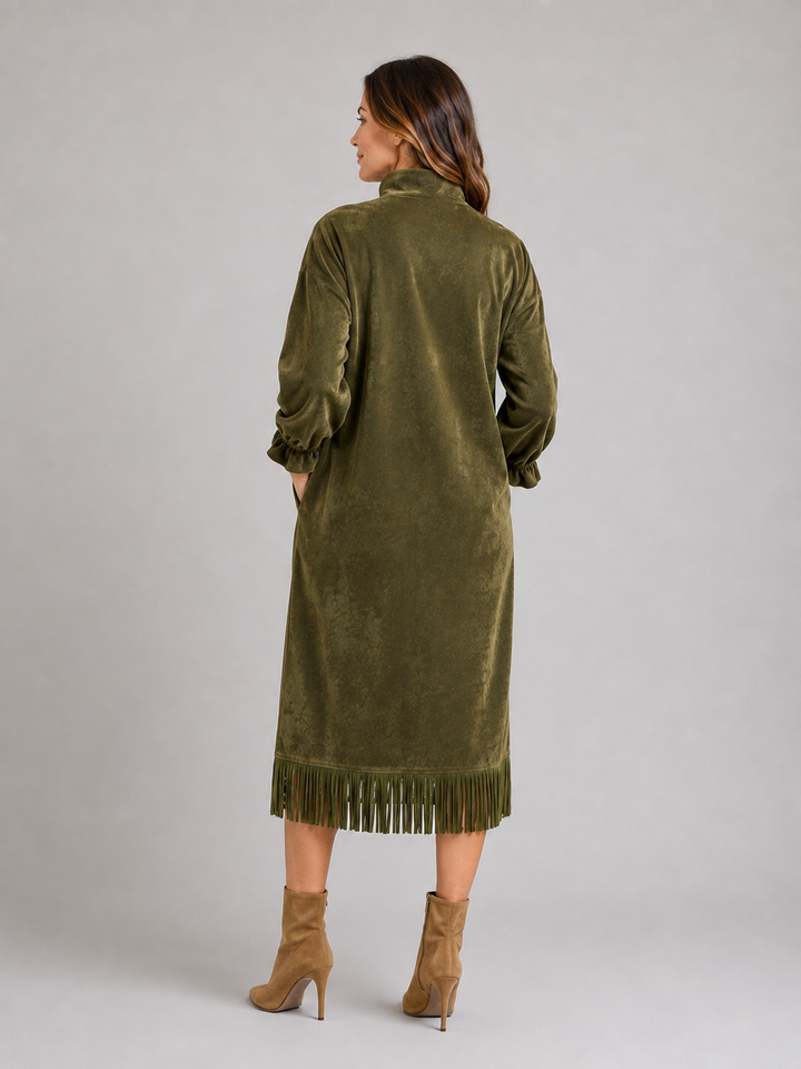 Women's Chic Suede Look High Neck Midi Dress with Fringe Hem
