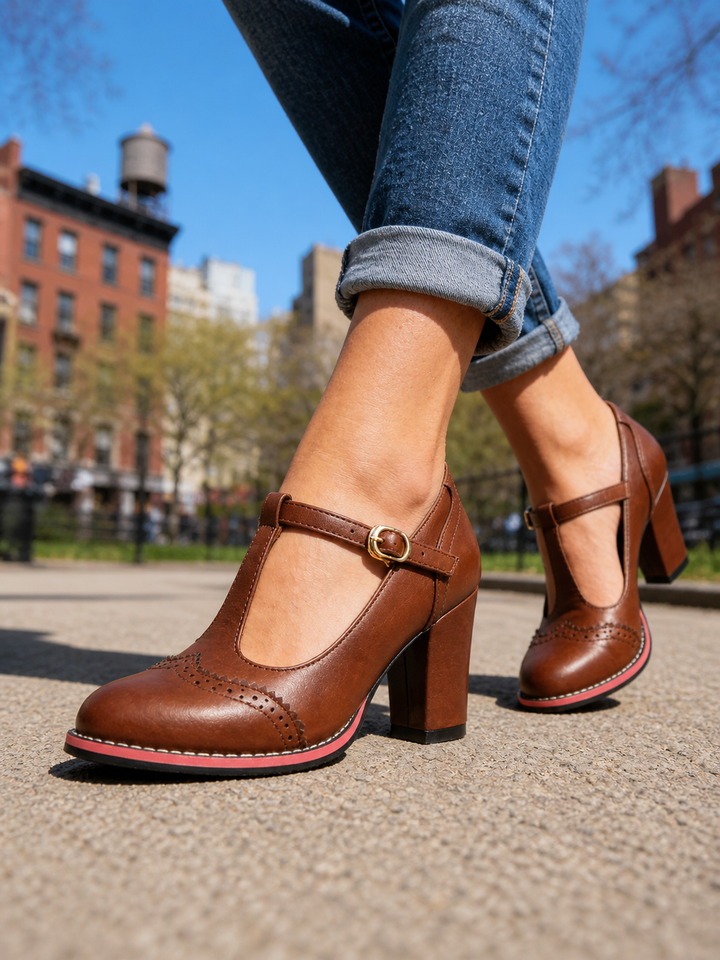 Women's Classic Leather Look T-Bar Brogue Block Heel Shoes