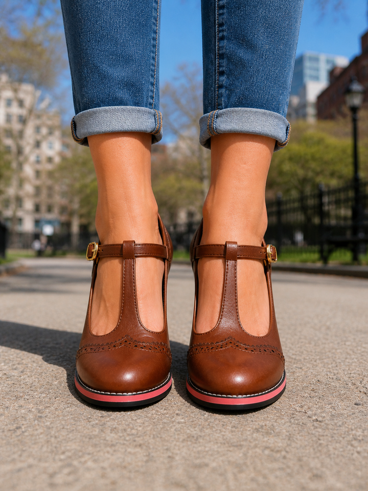 Women's Classic Leather Look T-Bar Brogue Block Heel Shoes