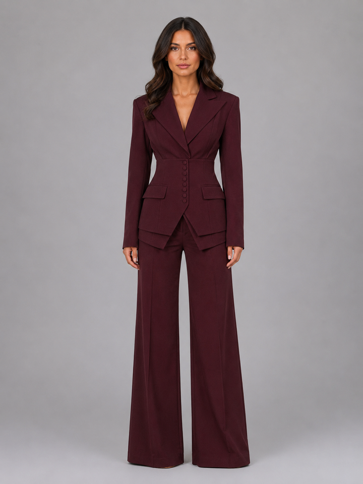 Women's Tailored Wool Blend Three-Piece Suit with Cinched Waist
