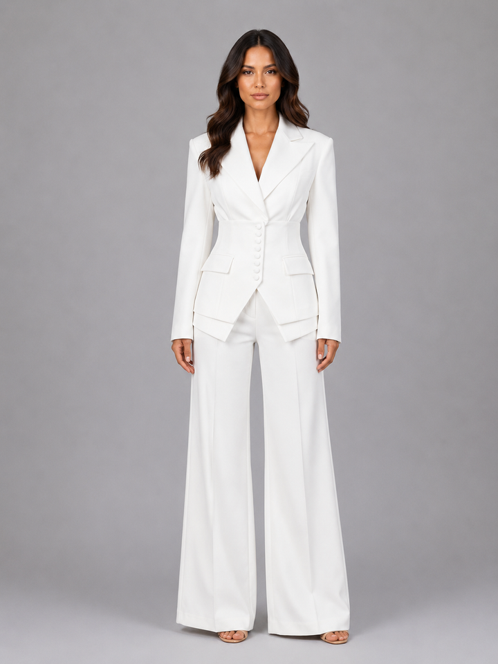 Women's Tailored Wool Blend Three-Piece Suit with Cinched Waist