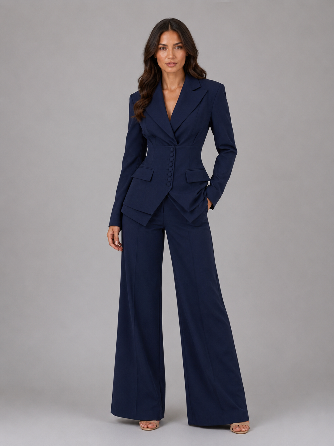 Women's Tailored Wool Blend Three-Piece Suit with Cinched Waist