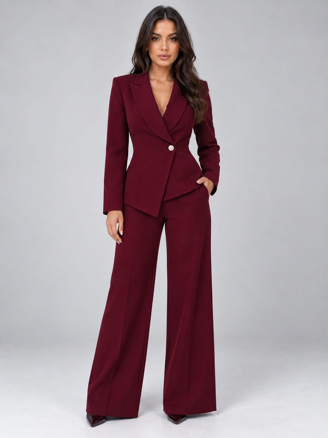 Women's Tailored Belted Blazer and Wide Leg Trouser Set