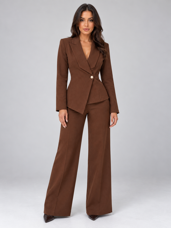 Women's Tailored Belted Blazer and Wide Leg Trouser Set