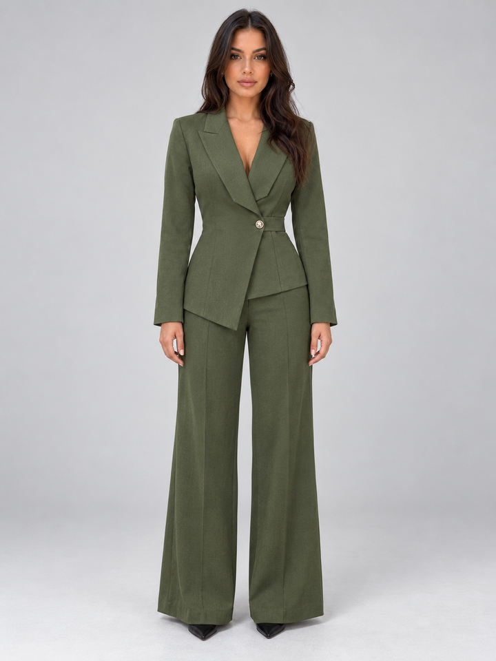 Women's Tailored Belted Blazer and Wide Leg Trouser Set