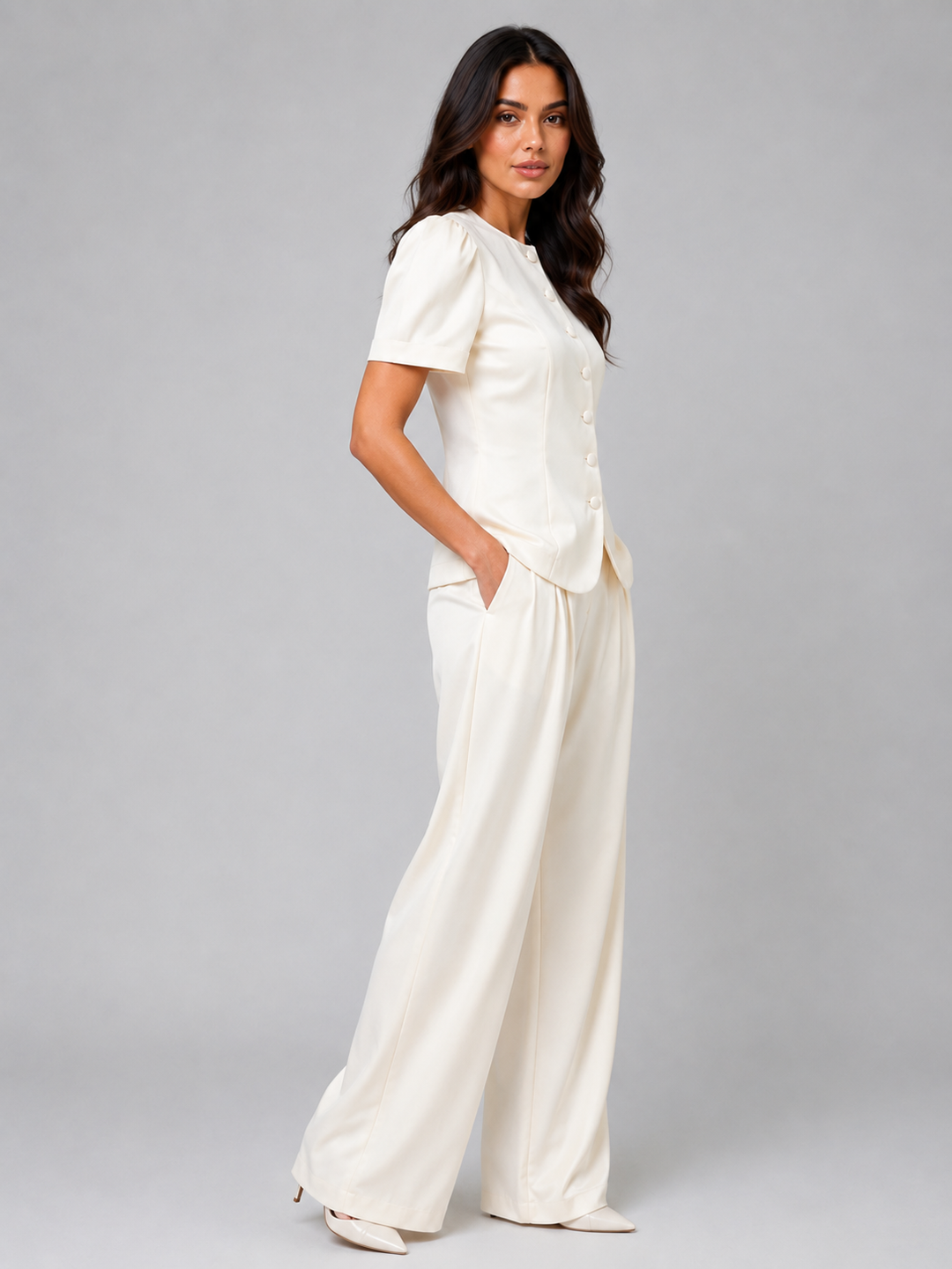 Women's Tailored Short Sleeve Blazer and Wide Leg Trouser Set