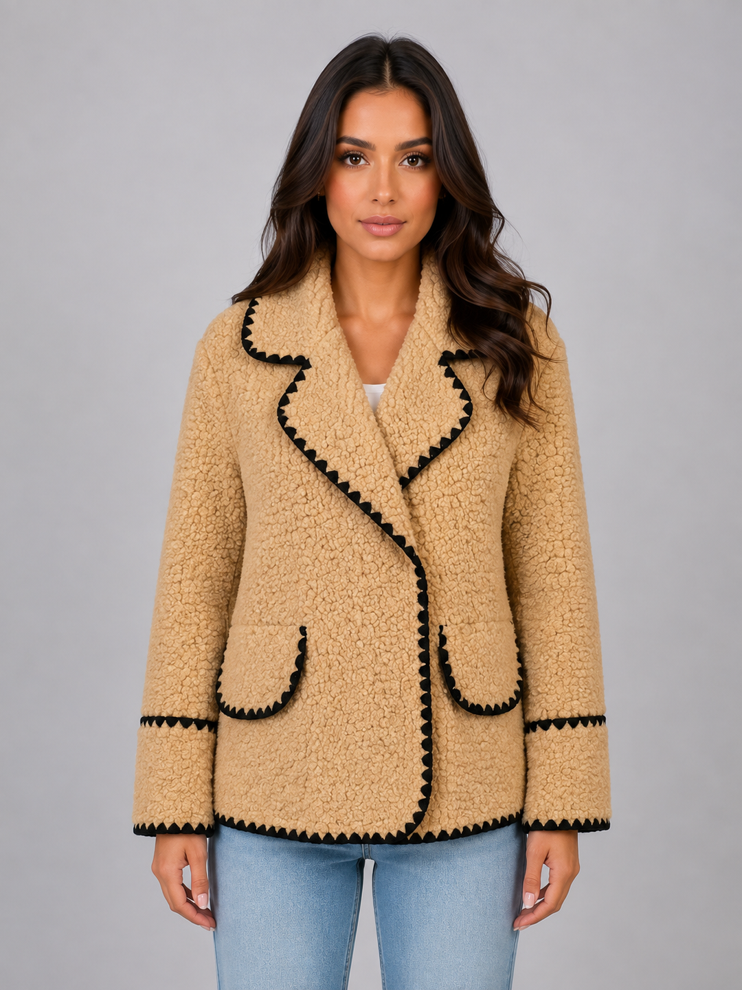 Women's Casual Teddy Fleece Button Front Jacket in Beige