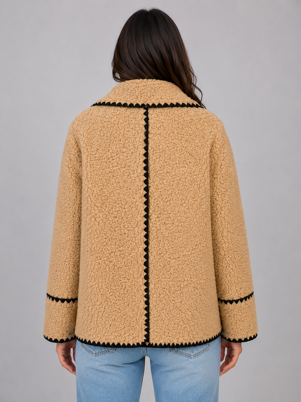 Women's Casual Teddy Fleece Button Front Jacket in Beige