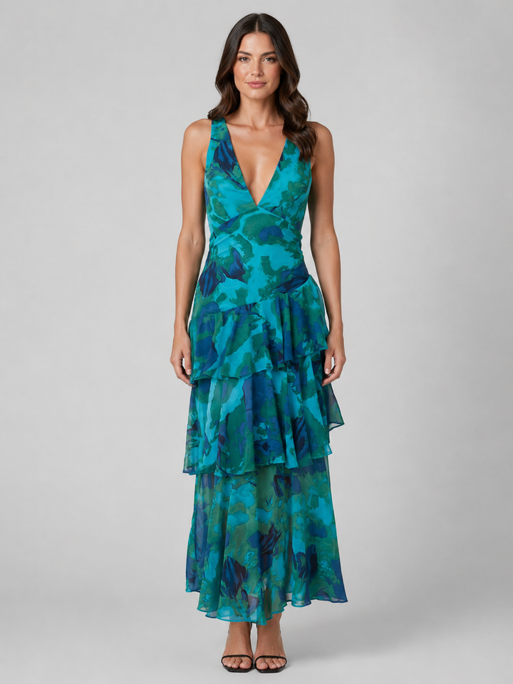 Women's Elegant V-Neck Tiered Ruffle Maxi Dress