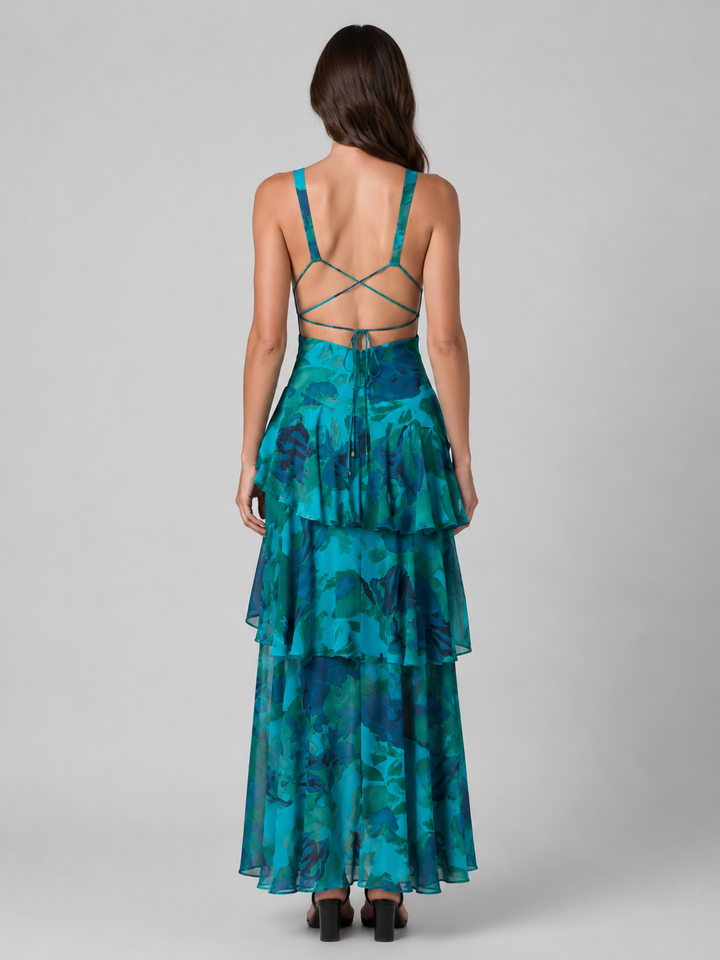 Women's Elegant V-Neck Tiered Ruffle Maxi Dress