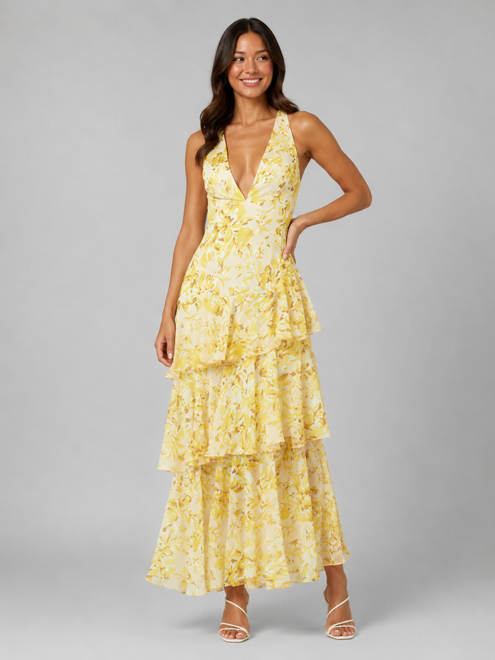 Women's Elegant V-Neck Tiered Ruffle Maxi Dress