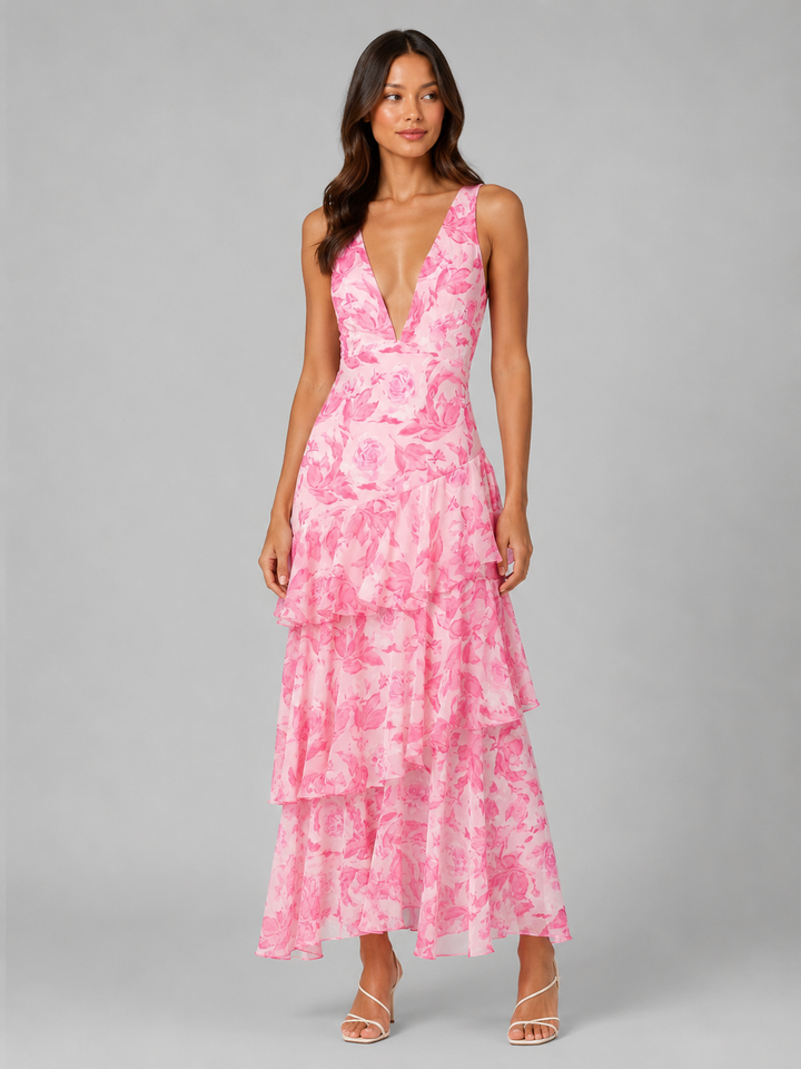 Women's Elegant V-Neck Tiered Ruffle Maxi Dress