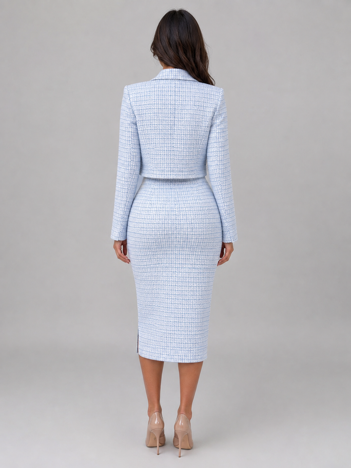 Women's Classic Tweed Midi Dress with Cropped Blazer Set