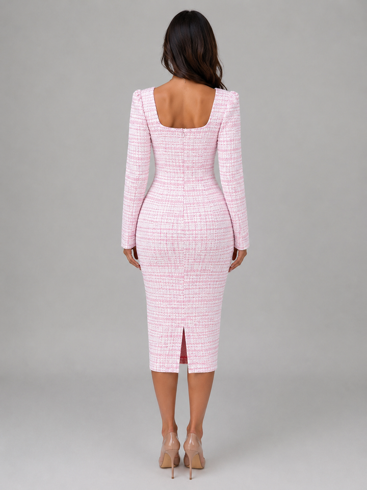 Women's Classic Tweed Midi Dress with Cropped Blazer Set