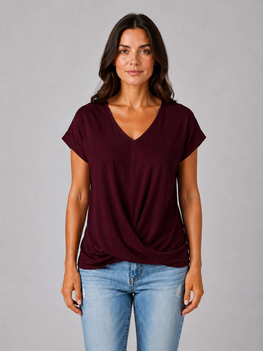 Women's Casual V-Neck Draped Cotton T-Shirt with Short Sleeves