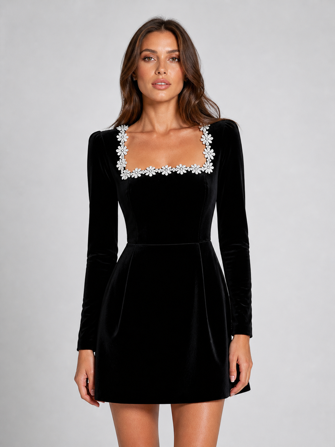 Women's Elegant Velvet Mini Dress with Crystal Embellished Square Neck