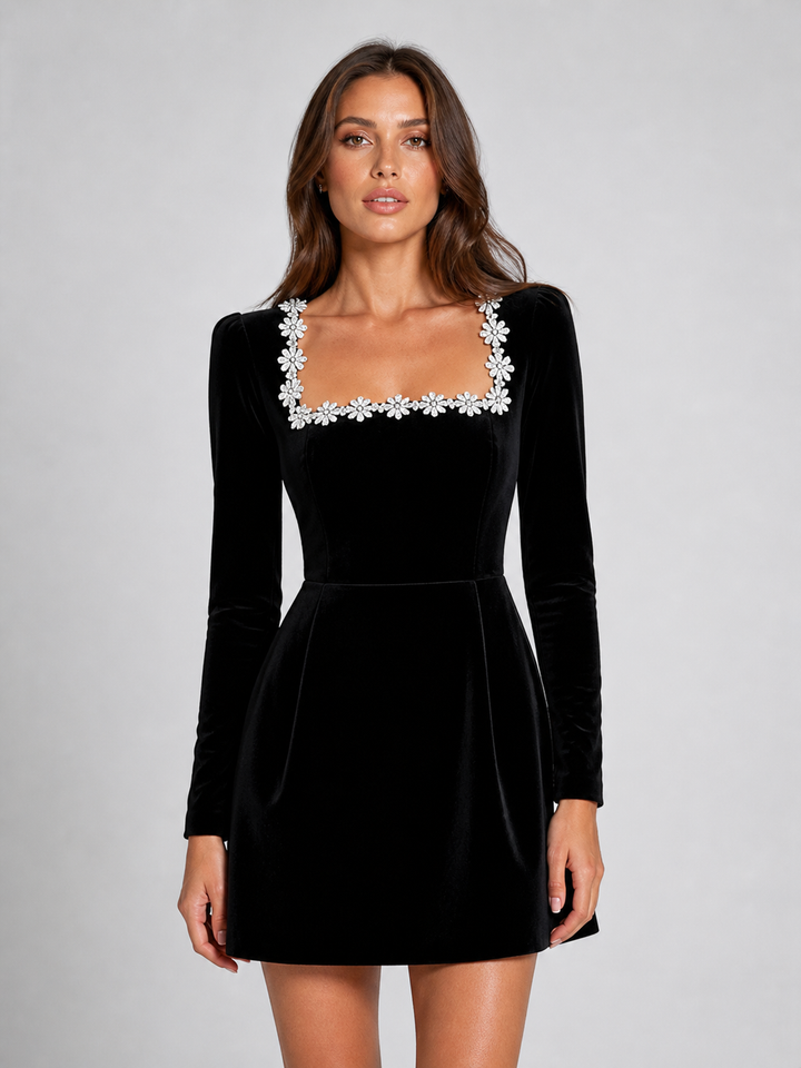 Women's Elegant Velvet Mini Dress with Crystal Embellished Square Neck