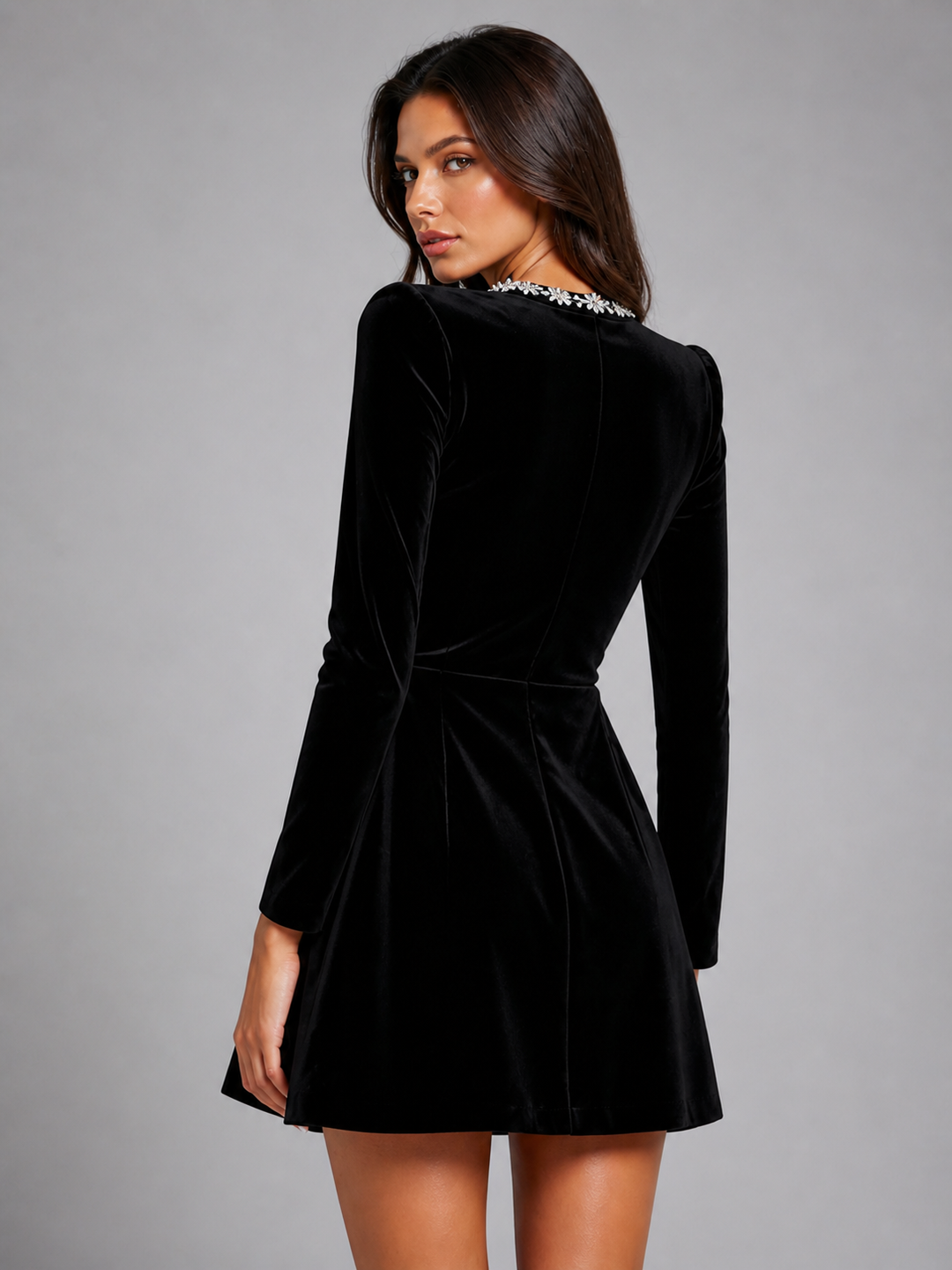 Women's Elegant Velvet Mini Dress with Crystal Embellished Square Neck
