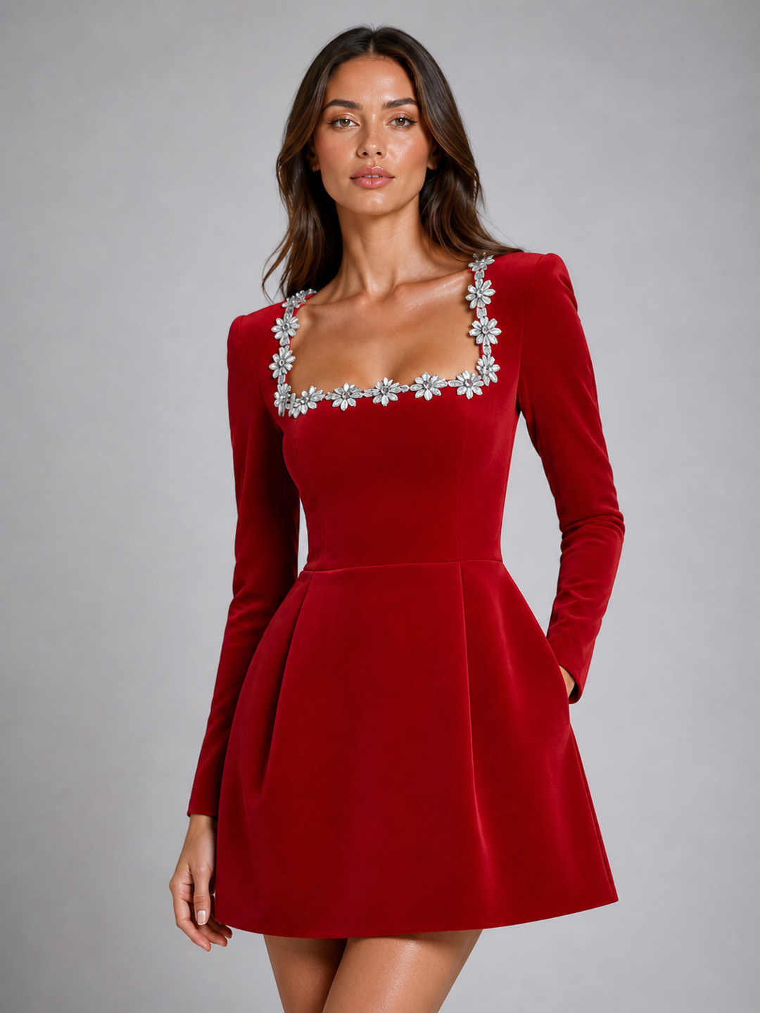 Women's Elegant Velvet Mini Dress with Crystal Embellished Square Neck