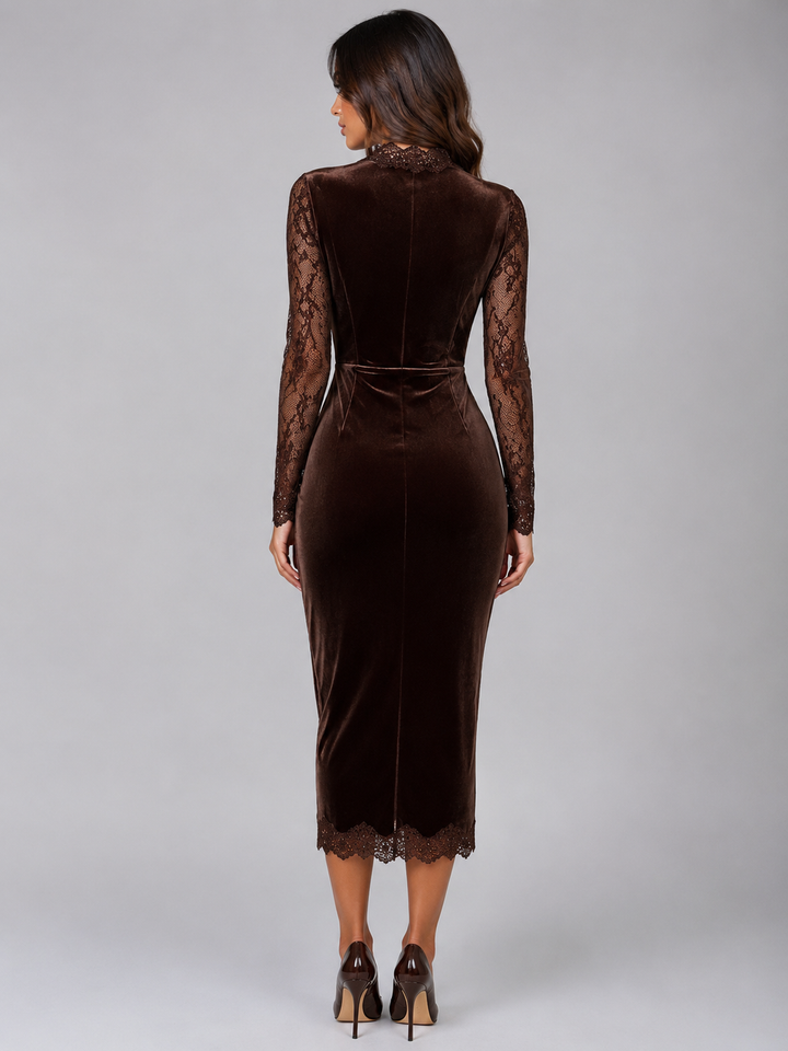 Women's Elegant Velvet Lace Midi Dress with Long Sleeve Cut-Out