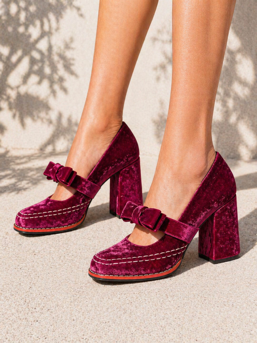 Women's Elegant Velvet Mary Jane Heels with Bow Detail Block Heel