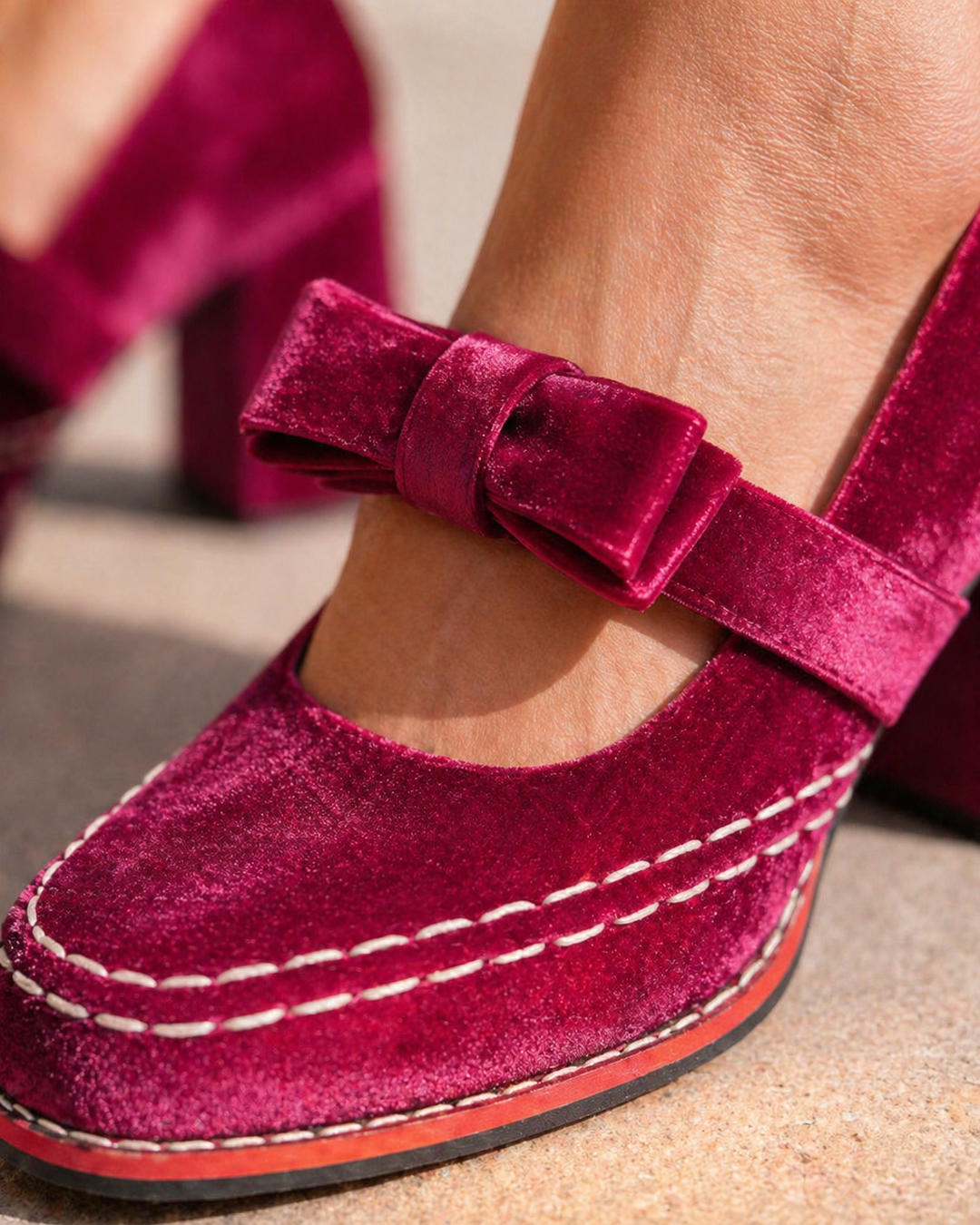 Women's Elegant Velvet Mary Jane Heels with Bow Detail Block Heel