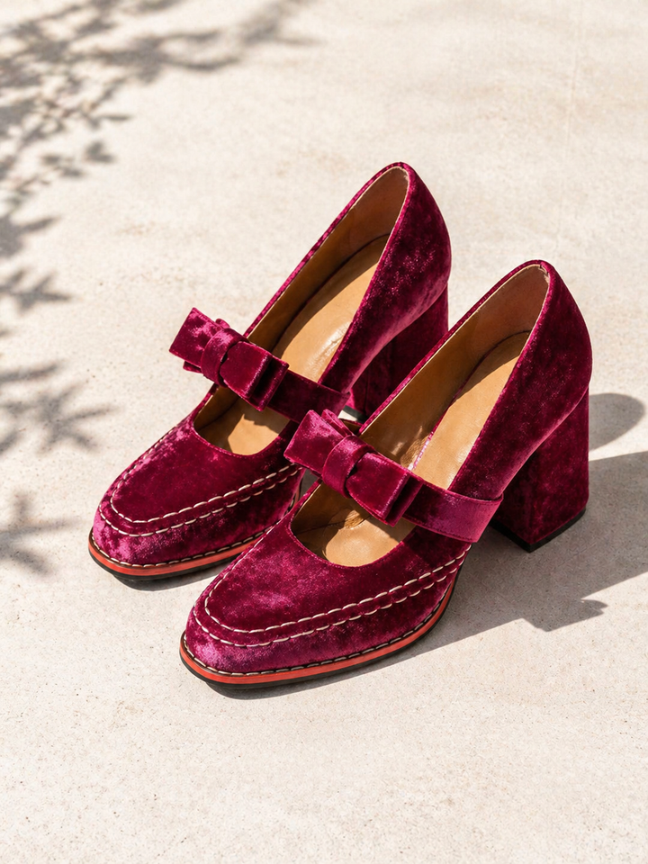 Women's Elegant Velvet Mary Jane Heels with Bow Detail Block Heel