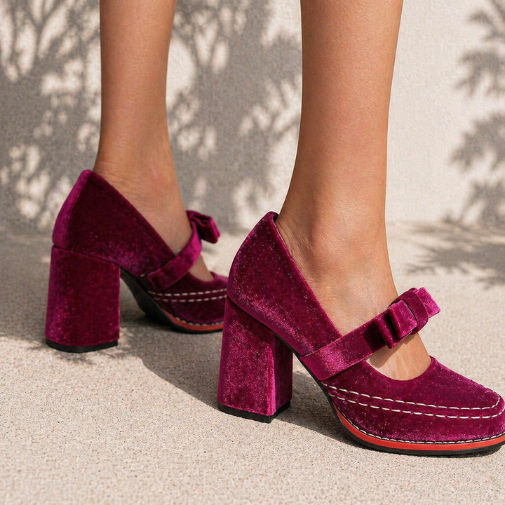 Women's Elegant Velvet Mary Jane Heels with Bow Detail Block Heel