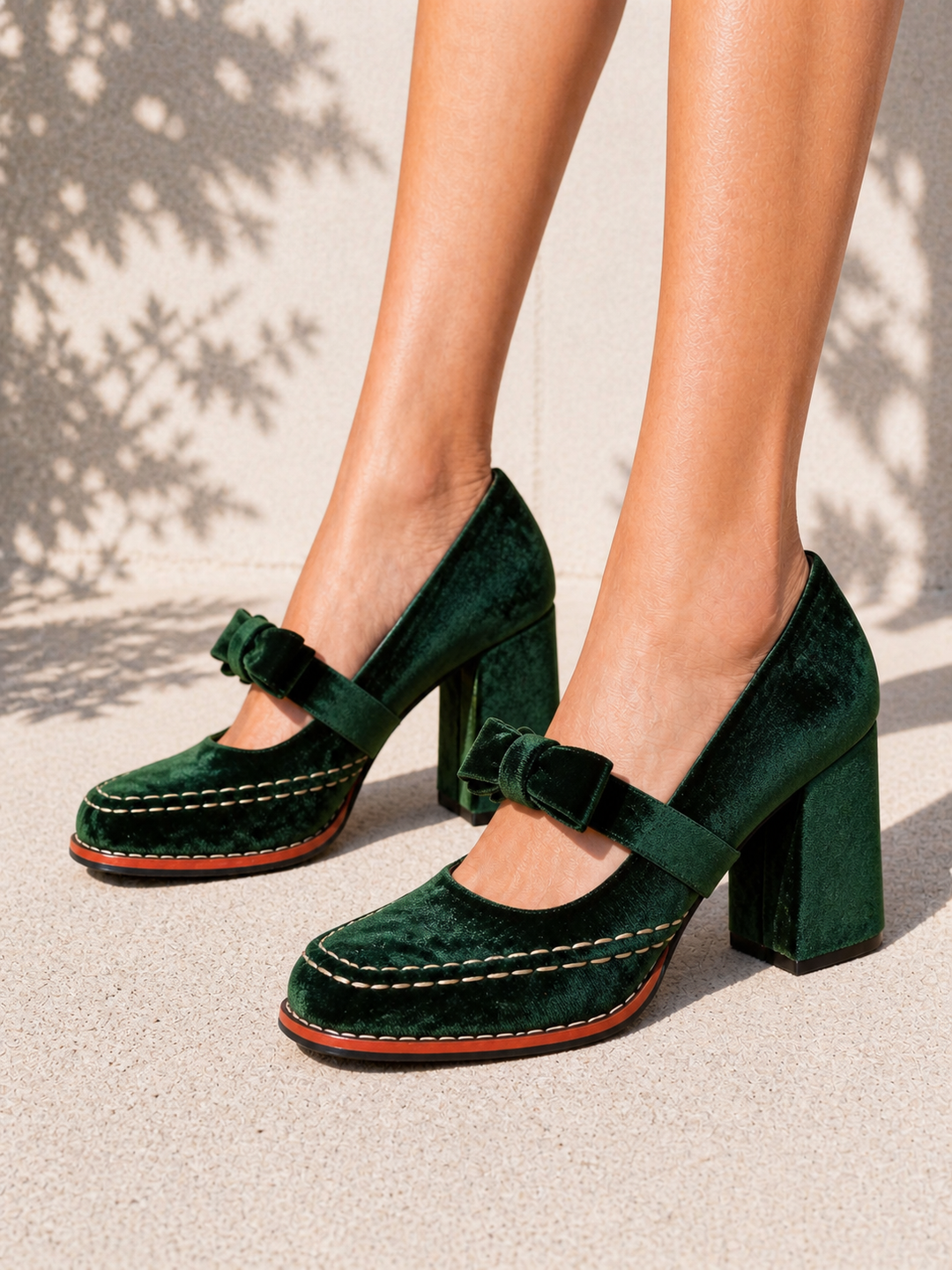 Women's Elegant Velvet Mary Jane Heels with Bow Detail Block Heel