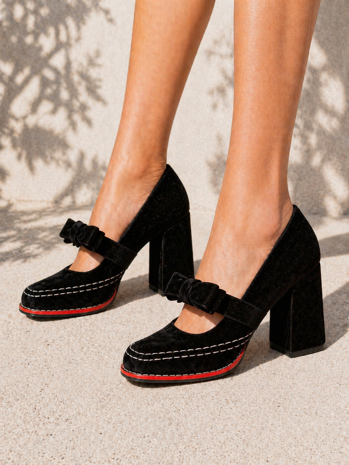 Women's Elegant Velvet Mary Jane Heels with Bow Detail Block Heel