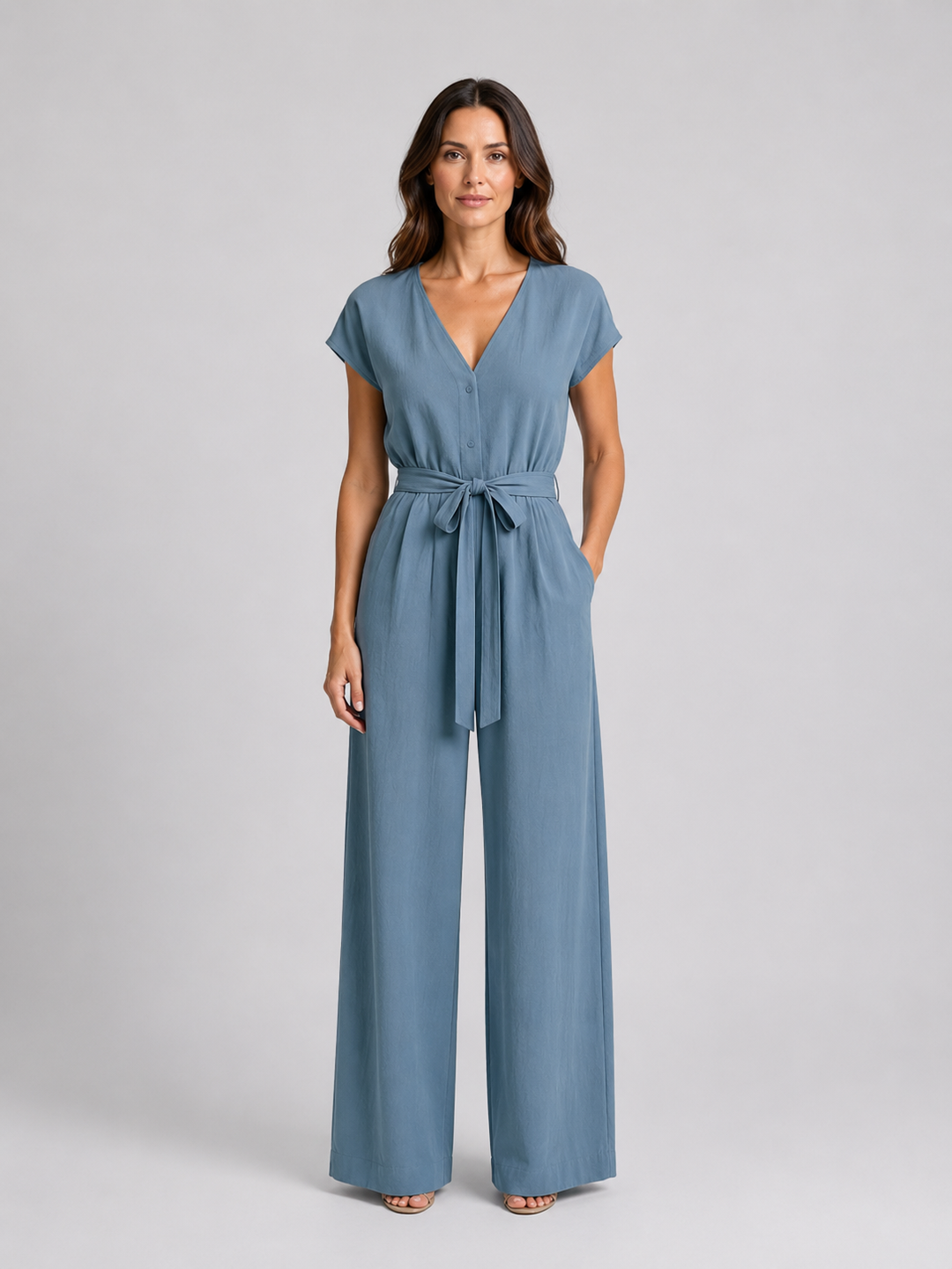 Women's Casual Lightweight Wide Leg Jumpsuit with Tie Waist