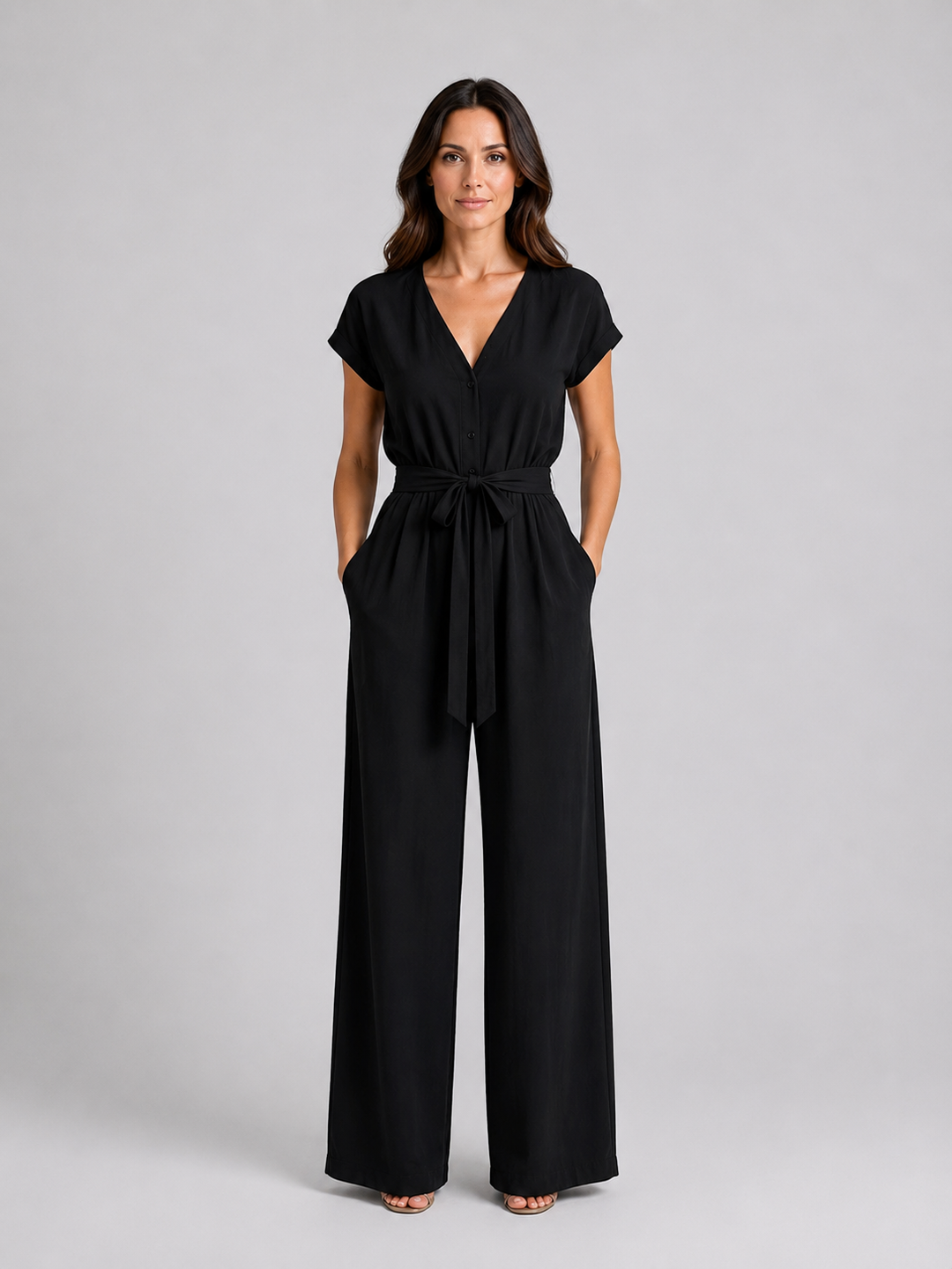 Women's Casual Lightweight Wide Leg Jumpsuit with Tie Waist