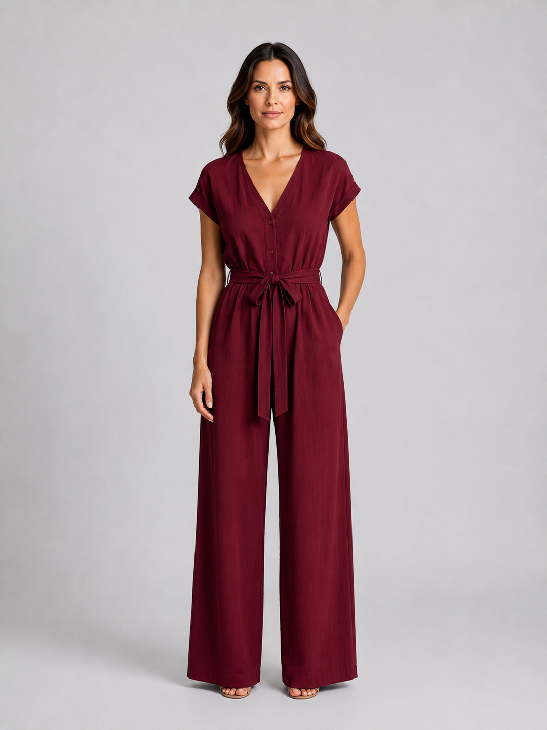 Women's Casual Lightweight Wide Leg Jumpsuit with Tie Waist