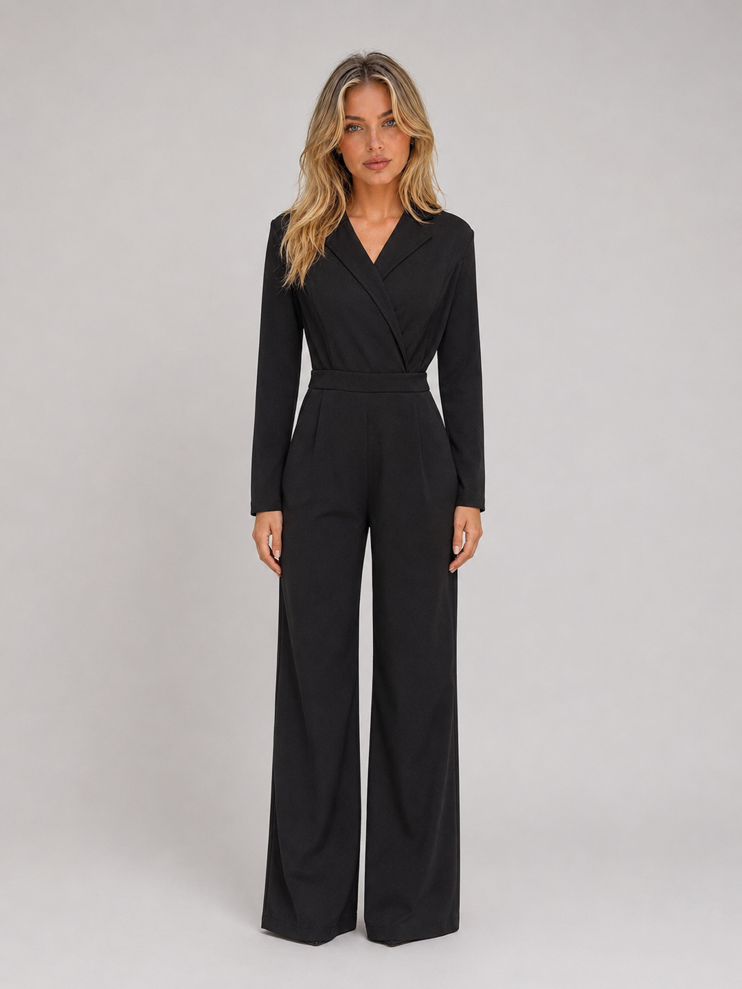 Women's Tailored Belted Wrap Front Wide Leg Jumpsuit