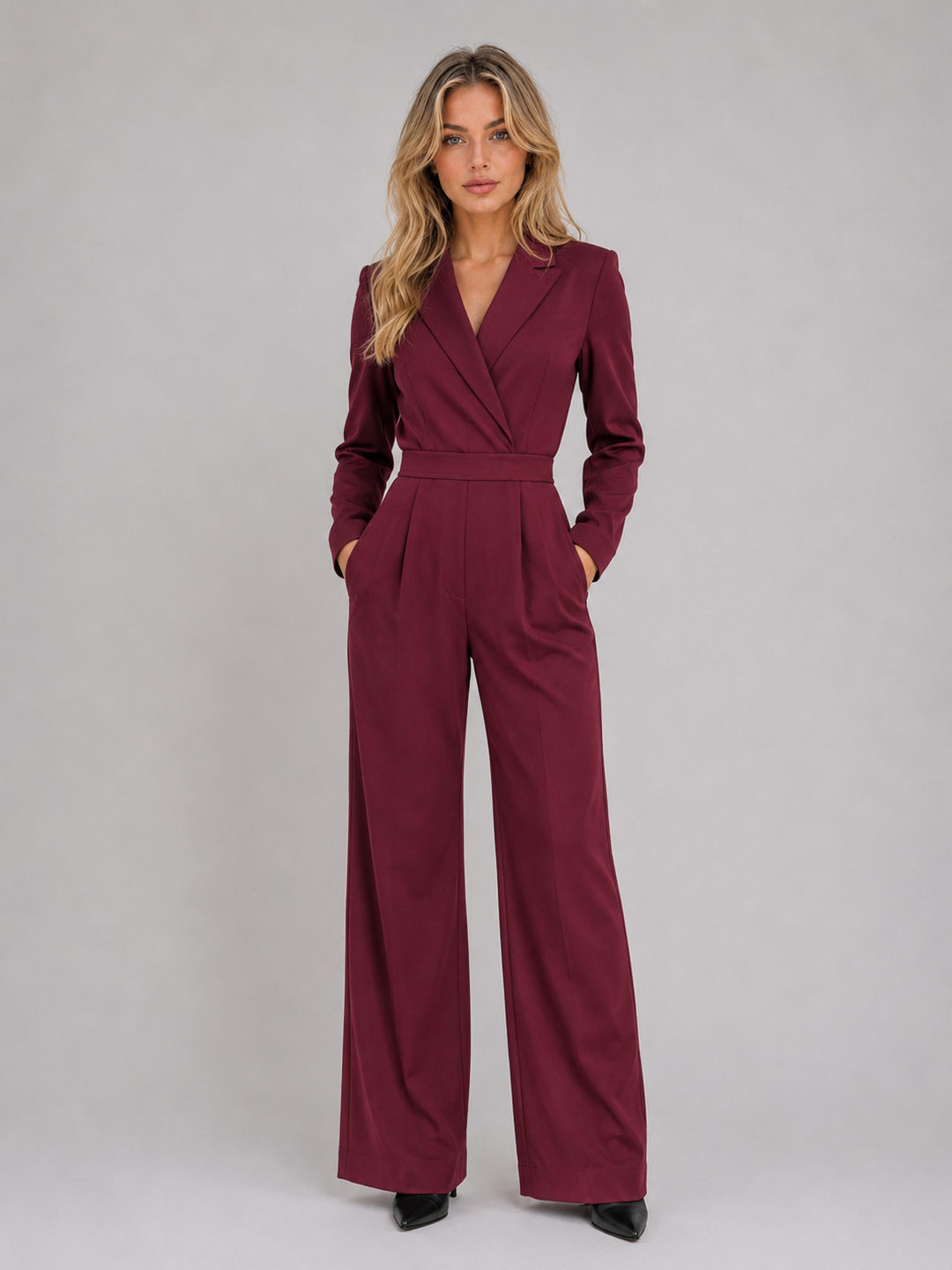 Women's Tailored Belted Wrap Front Wide Leg Jumpsuit