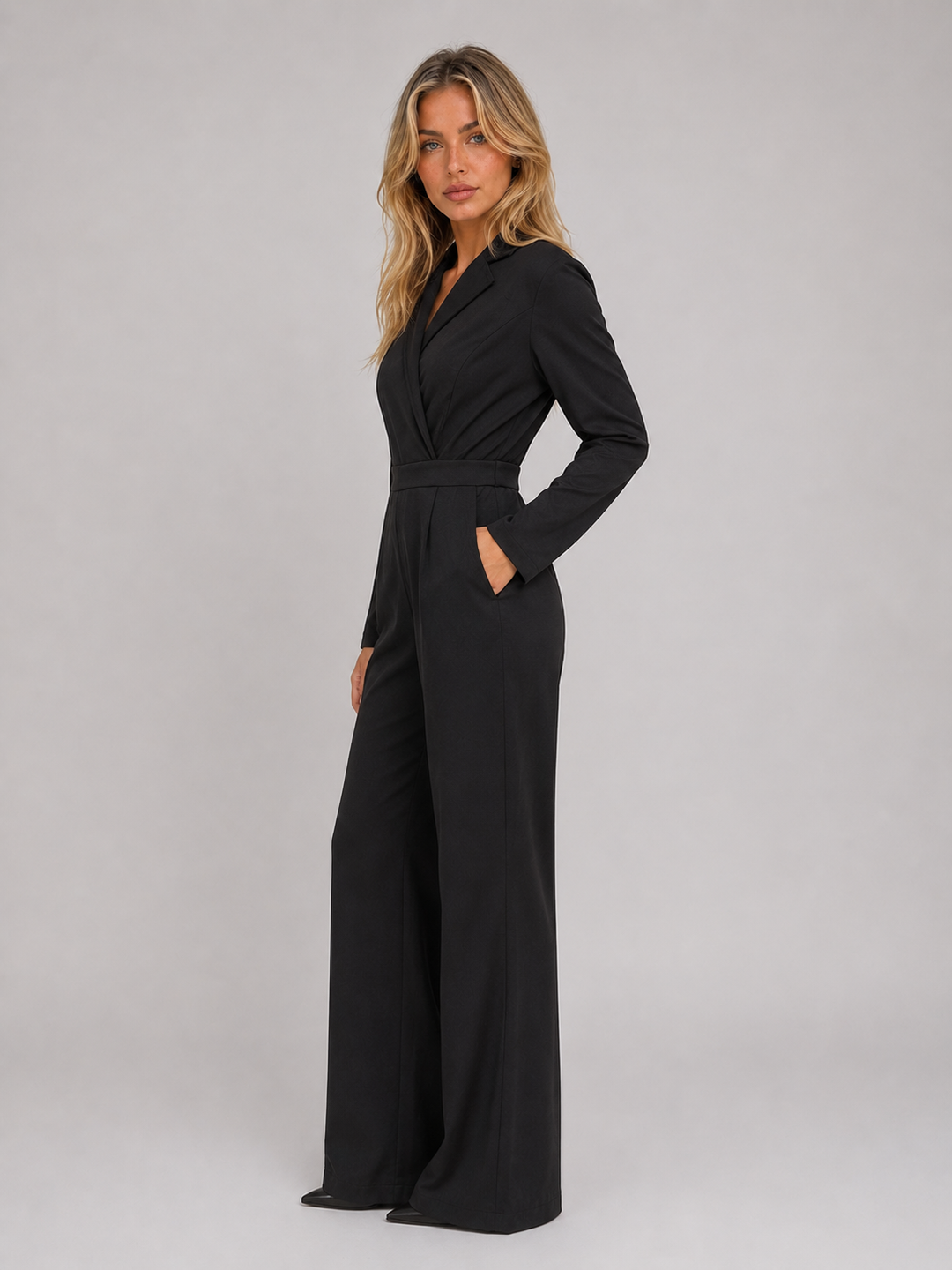 Women's Tailored Belted Wrap Front Wide Leg Jumpsuit
