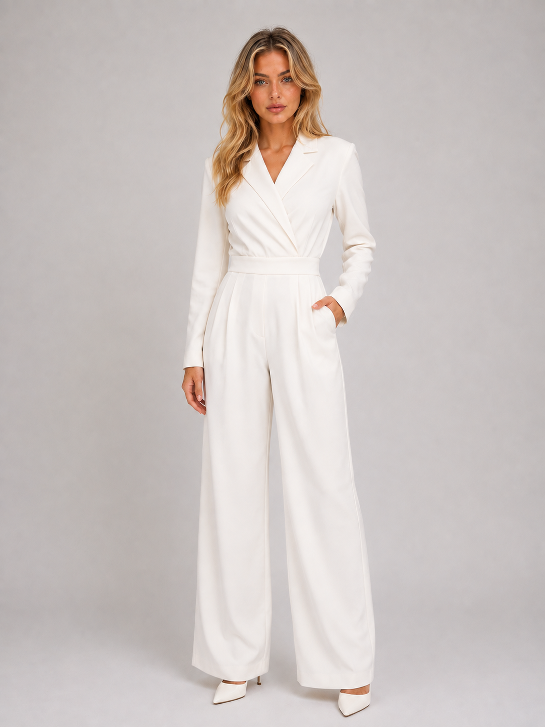Women's Tailored Belted Wrap Front Wide Leg Jumpsuit