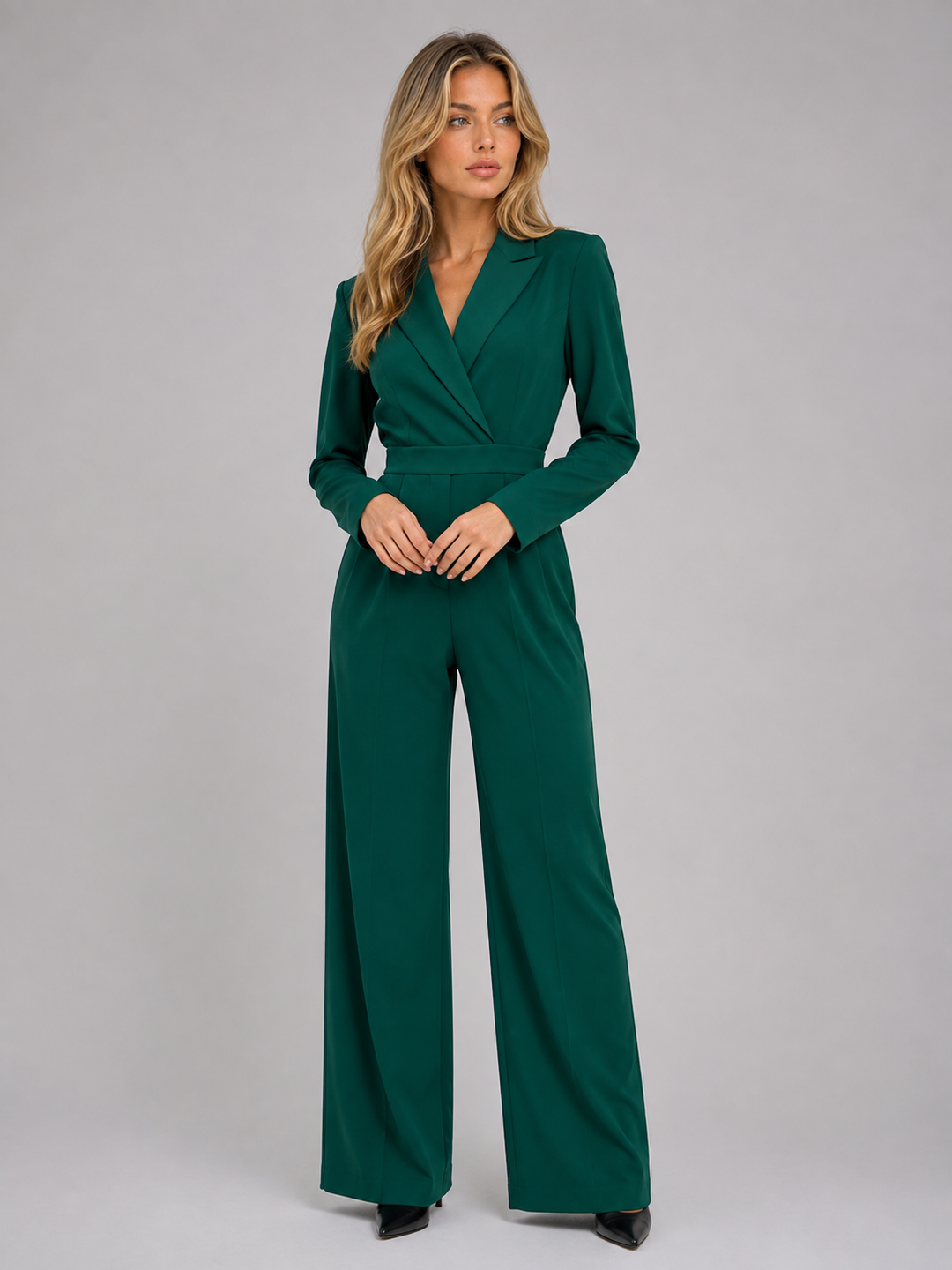 Women's Tailored Belted Wrap Front Wide Leg Jumpsuit