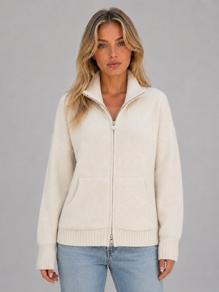 Women's Casual Soft Knit Funnel Neck Zip-Up Cardigan