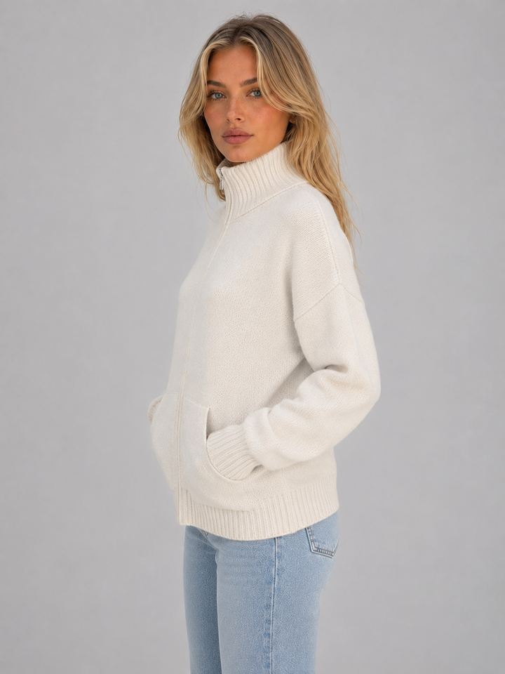 Women's Casual Soft Knit Funnel Neck Zip-Up Cardigan