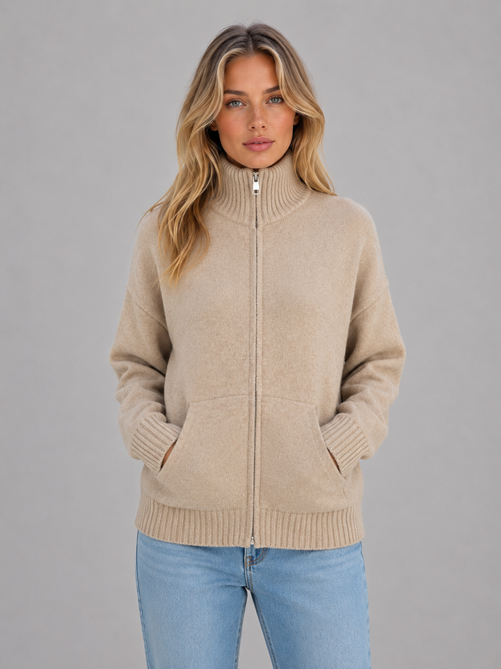 Women's Casual Soft Knit Funnel Neck Zip-Up Cardigan